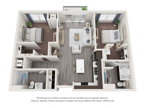 Floor plan for 2 beds, 2 baths, 1044 sqft